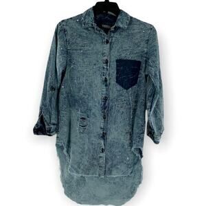 Thrill Jeans Oversize Top Women's Sz Large Acid Wash Raw Hem Long Sleeves Denim